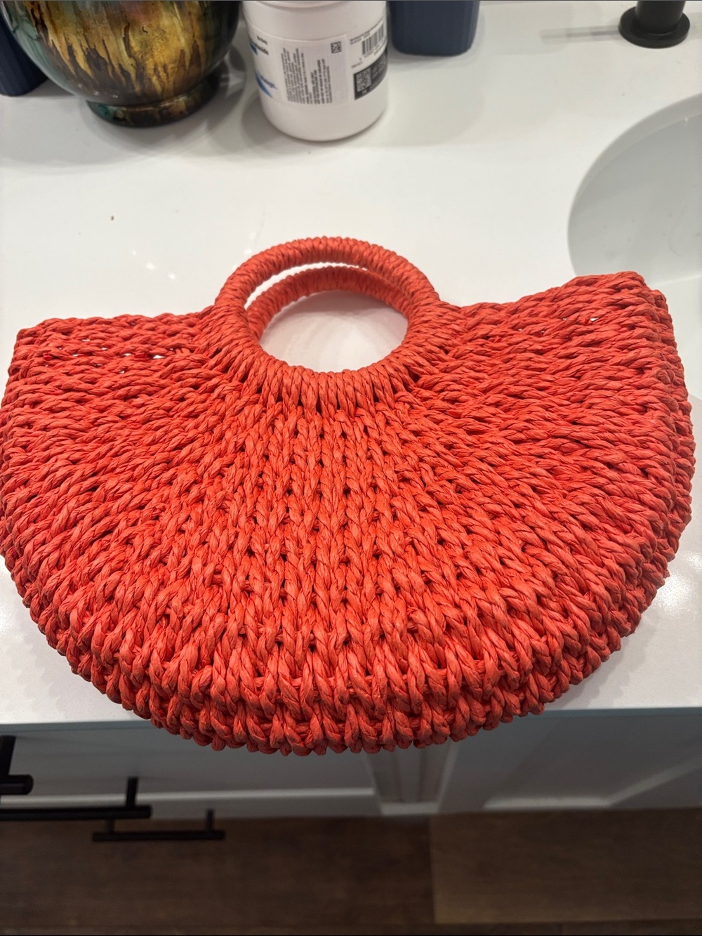 Handwoven Half-Moon Tote in Coral